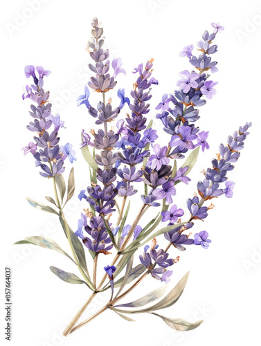 A beautiful watercolor illustration of lavender flowers in full bloom, showcasing their vibrant purple hue and delicate green leaves.