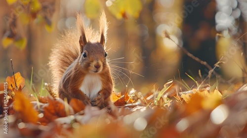 Eurasian red squirrel (Sciurus vulgaris) cautiously peeks out of the hole in a tree in the forest of Drunen, Noord Brabant.  photo