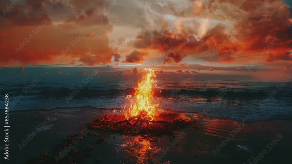 Bonfire glowing on the beach at sunset with ocean waves and setting sun in the background
Bonfire glowing on the beach at sunset with ocean waves and setting sun in the background