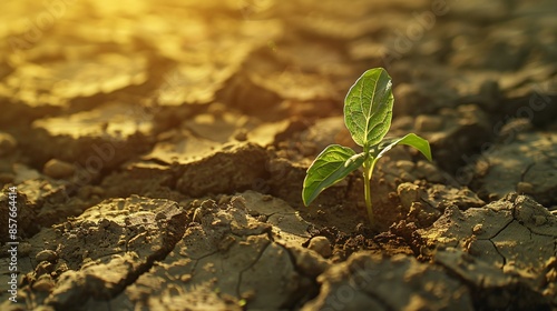 A vivid depiction of a young seedling emerging from the deeply cracked, parched soil, symbolizing hope and the potential for environmental restoration amidst the harsh effects of global warming and