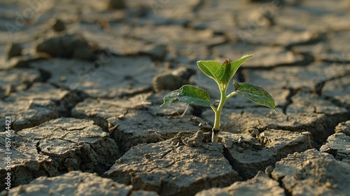 A resilient green seedling pushing through a network of cracks in the dry, sun-baked earth, representing the beginnings of life and renewal in a landscape affected by severe water shortages and