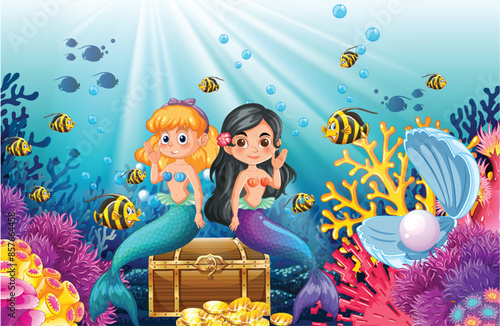 Two mermaids with treasure chest and sea creatures