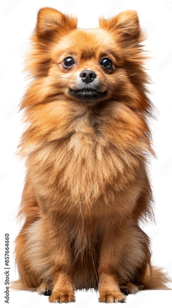 Adorable Pomeranian dog with fluffy fur sitting and looking at the camera, isolated on a white background. Adorable Pomeranian dog with fluffy fur sitting and looking at the camera, isolated on a white background.