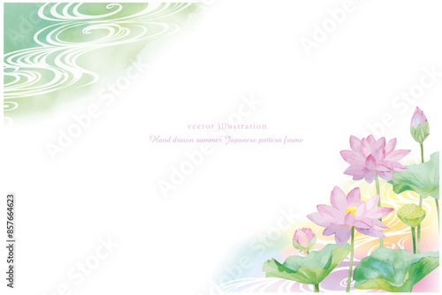 水彩手書きの蓮の花と流水の背景