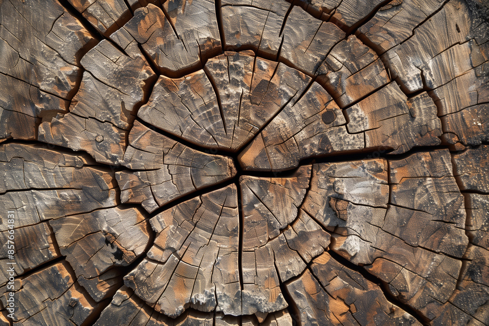 Fototapeta premium The image is of a large piece of wood with many cracks and holes. The wood appears to be old and weathered, with a rough texture