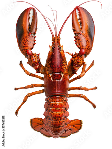 Close-up of a vibrant red lobster isolated on white background, showcasing detailed texture and vivid colors, perfect for culinary and seafood themes.