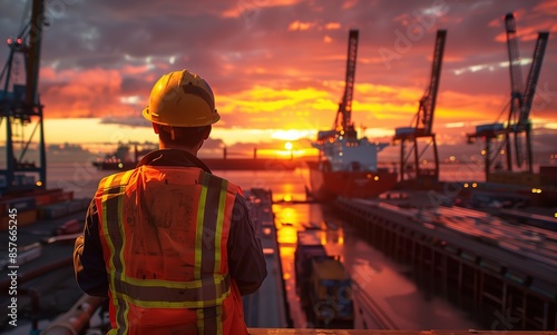 Engineer Wearing Helmet and Safety Vest Watching Sunset Over Industrial Dock, Construction Site with Cranes in Background. Labor Day, Working, Broke, and Struggling,4k