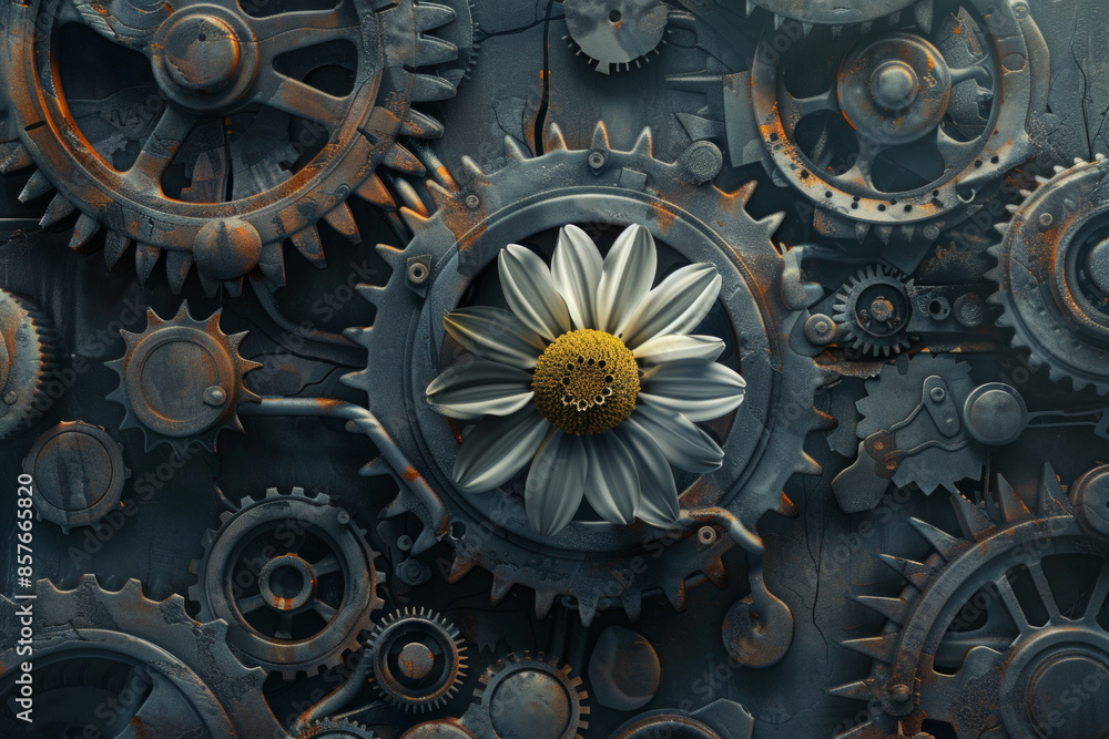 A digital flower blooming amidst a field of mechanical gears. A digital flower blooming amidst a field of mechanical gears.