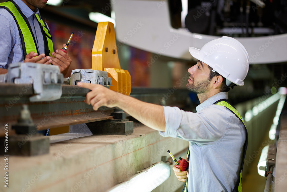 Engineers or technicians checking railroad with coworkers and pointing to something at train station construction site Engineers or technicians checking railroad with coworkers and pointing to something at train station construction site