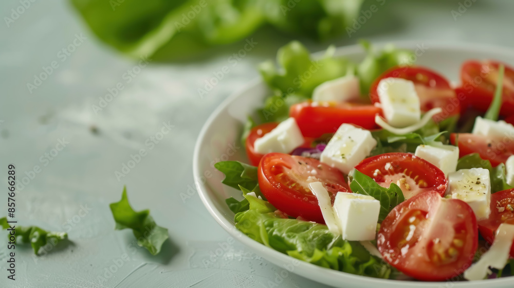 Greek Salad with Tomatoes and Feta, Close-up, Realistic Photo Greek Salad with Tomatoes and Feta, Close-up, Realistic Photo