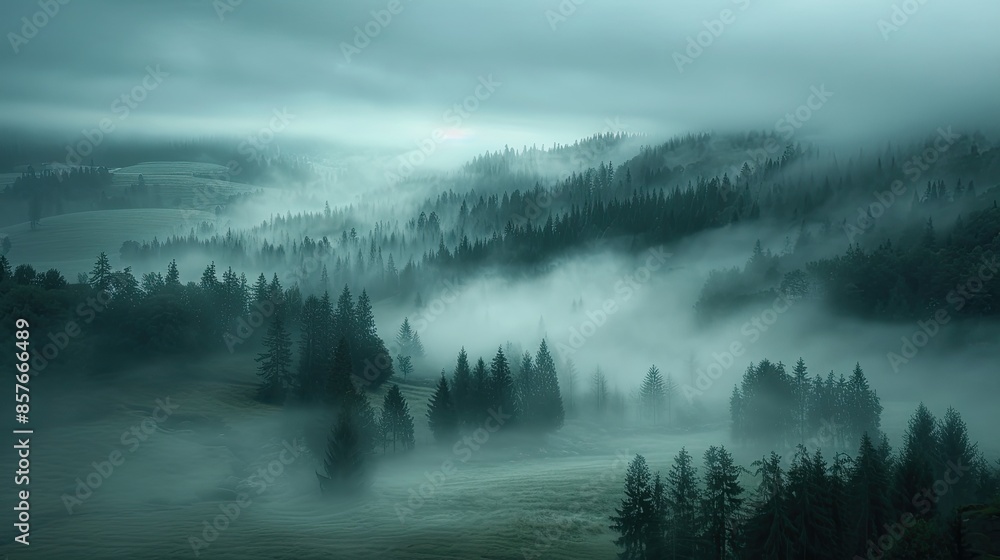 Fototapeta premium Whispers in the Fog Lost in a haze of ethereal mist, a silent, mysterious landscape unfolds The creeping fog obscures reality, leaving the viewer to grapple with the unknown