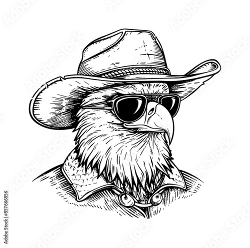 bald eagle, wears cowboy hat and sunglasses engraving black and white outline