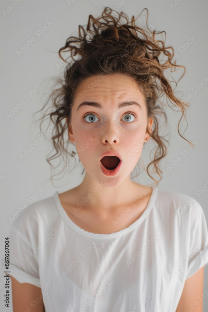 Surprised woman in studio, realistic expression Surprised woman in studio, realistic expression
