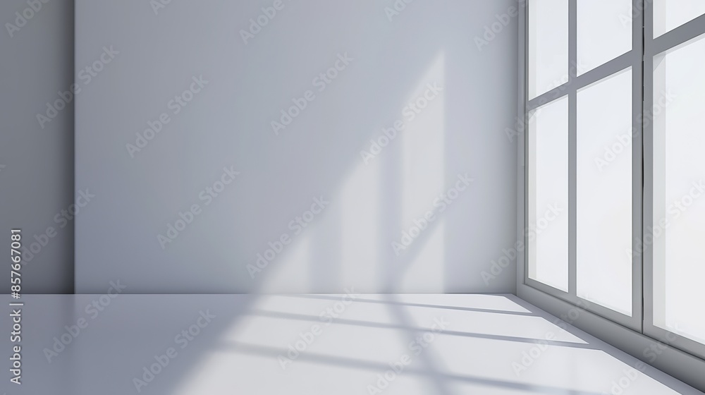 Fototapeta premium Minimalist White Wall Background with Abstract Window Shadow, High-Resolution Product Presentation Mockup Banner Template, Gray and White Color Palette, Soft Bright Lighting 