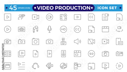 Video icon set. Containing camera, play, pause, media, online video, live, production, player, movie and cinema icons. video production outlines icon collection. Editable stroke outline icon.
