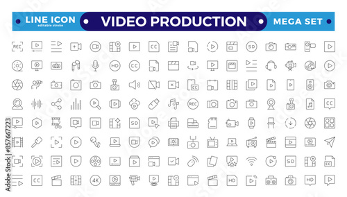 Video icon set. Containing camera, play, pause, media, online video, live, production, player, movie and cinema icons. video production outlines icon collection. Editable stroke outline icon.
