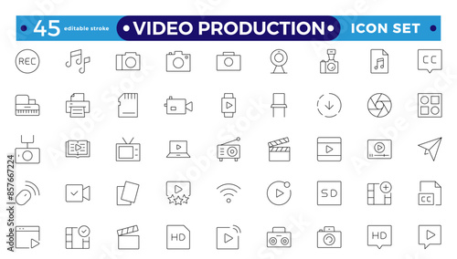 Video icon set. Containing camera, play, pause, media, online video, live, production, player, movie and cinema icons. video production outlines icon collection. Editable stroke outline icon.
