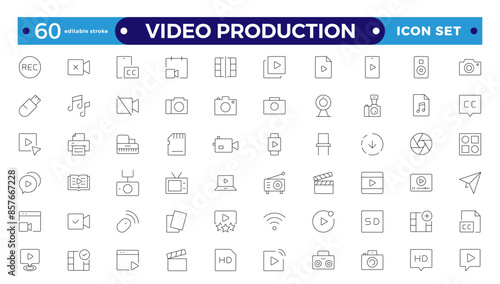 Video icon set. Containing camera, play, pause, media, online video, live, production, player, movie and cinema icons. video production outlines icon collection. Editable stroke outline icon.
