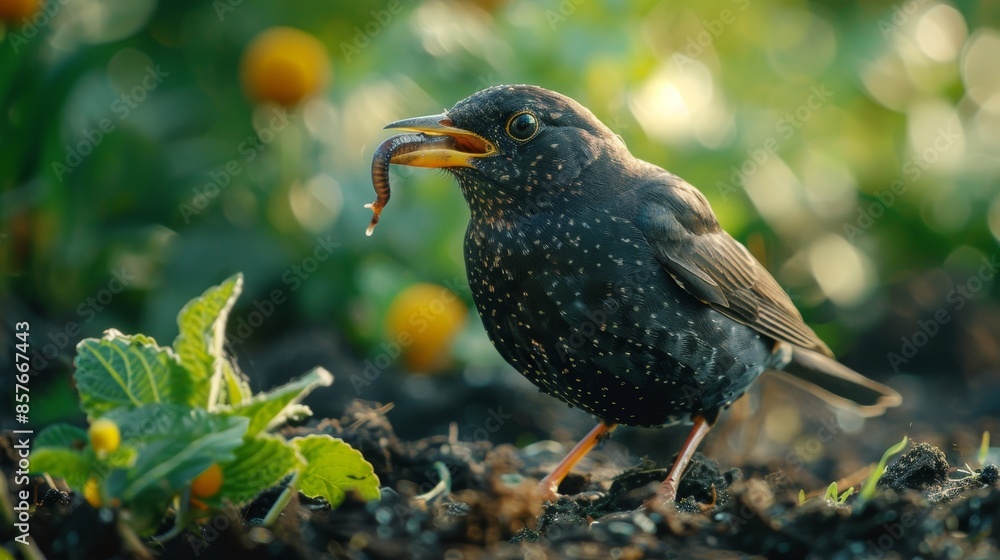 Close-up of a blackbird holding a worm in its mouth, perched on fresh, loose soil, preparing to feed its baby bird, raw detail, natural setting Close-up of a blackbird holding a worm in its mouth, perched on fresh, loose soil, preparing to feed its baby bird, raw detail, natural setting