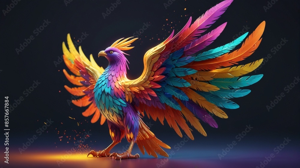 Obraz premium Colorful Phoenix bird abstract magic 3D on tale character illustration render hawk fairy wings feather from AI Generated