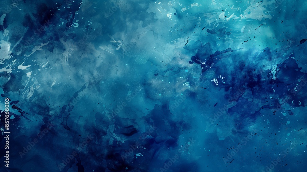 Obraz premium Abstract watercolor-like splashes in deep blue and aqua, fluid and artistic.