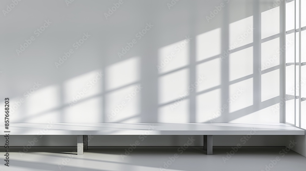 Fototapeta premium Minimalist White Wall Background with Abstract Window Shadow, High-Resolution Product Presentation Mockup Banner Template, Gray and White Color Palette, Soft Bright Lighting 