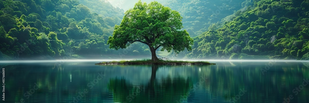One big tree in the middle around the lake. The concept of ecology ...