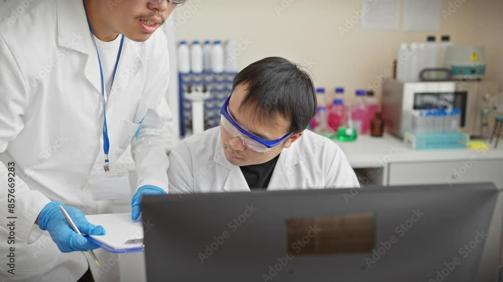 Two men in lab coats analyzing data on a computer in a scientific research laboratory. Two men in lab coats analyzing data on a computer in a scientific research laboratory.