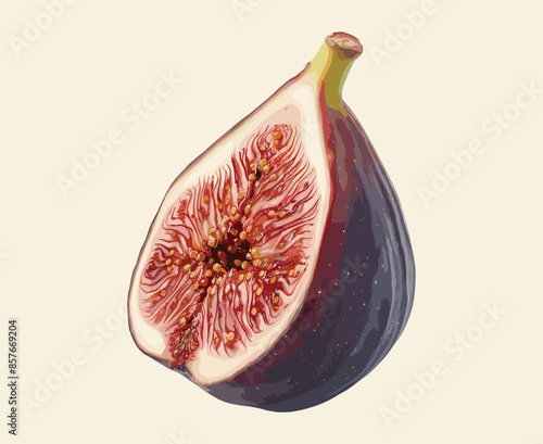 Fig isolated on cream color background, fresh cut and whole ripe fruit, vector illustration