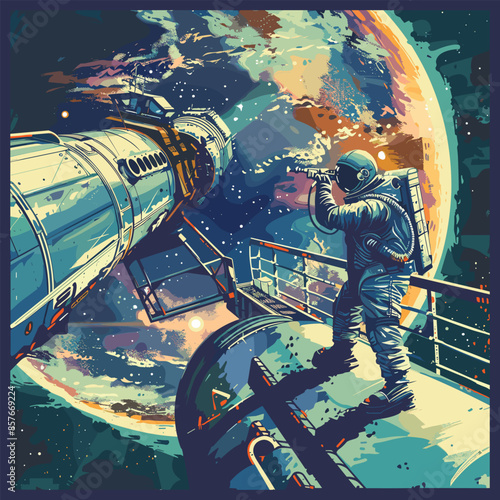 The astronaut comes out of the spacecraft to inspect the outside of the spaceship or space station, vector illustration