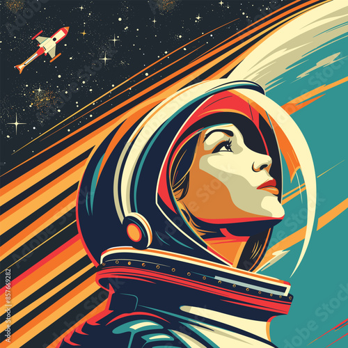 Stylish cartoon woman in Astronaut suit, vector illustration, sci-fi, futuristic theme, vintage pop art