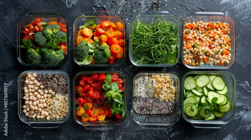 First person perspective of meal prep for fitness, top view, featuring balanced nutrition with bright and fresh ingredients, raw and detailed © Paul