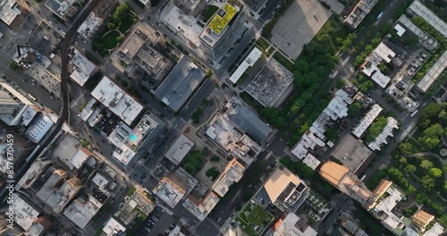 Overhead aerial view of Chicago Downtown urban grid with streets. Modern city with parks