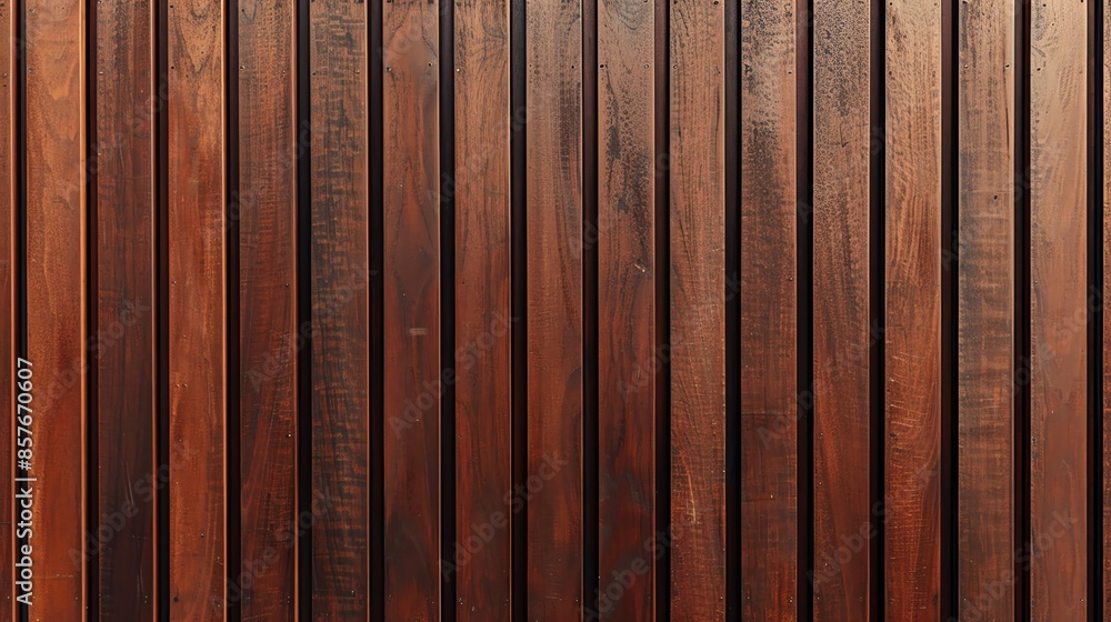 Obraz premium A mahogany dark wood vertical slat wall covering provides a rich and elegant backdrop. The individual slats, arranged vertically, exhibit a deep, warm tone with subtle variations in color and grain,