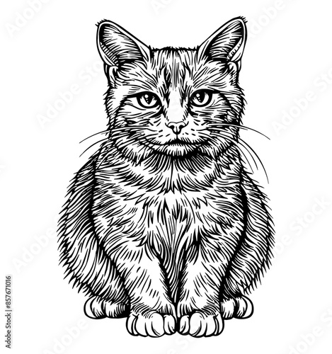 british shorthair cat, engraving black and white outline