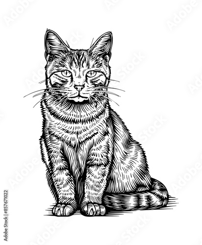 british shorthair cat, engraving black and white outline