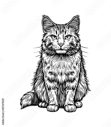 british shorthair cat, engraving black and white outline