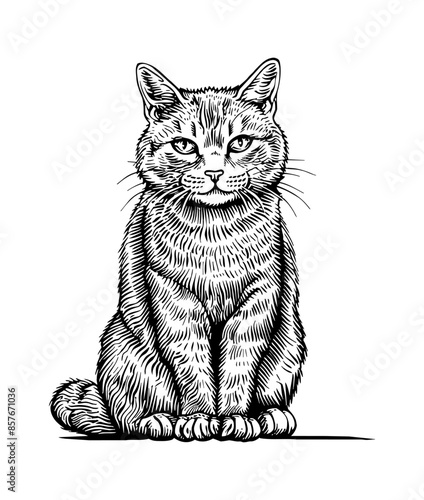 british shorthair cat, engraving black and white outline
