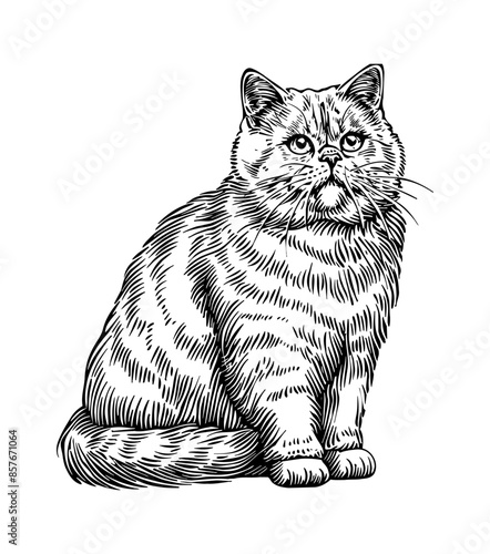 british shorthair cat, engraving black and white outline