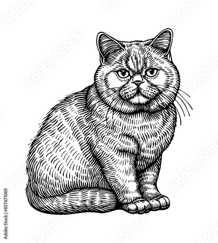 british shorthair cat, engraving black and white outline