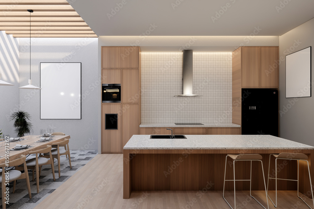 Fototapeta premium Minimal wood kitchen with island table, 3d illustration render