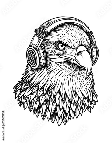 bald eagle, wear headphone and listen music engraving black and white outline