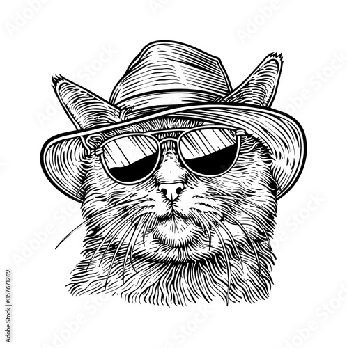 british shorthair cat, wear retro hat and sunglasses engraving black and white outline