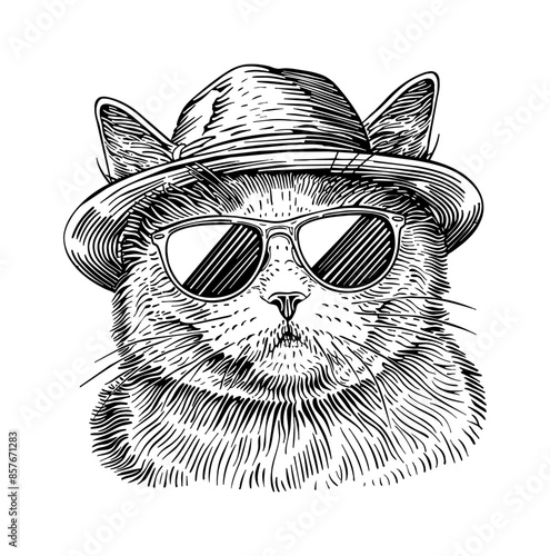 british shorthair cat, wear retro hat and sunglasses engraving black and white outline