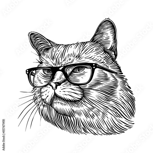 british shorthair cat wears black frame eyeglass engraving black and white outline