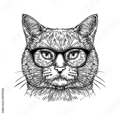 british shorthair cat wears black frame eyeglass engraving black and white outline