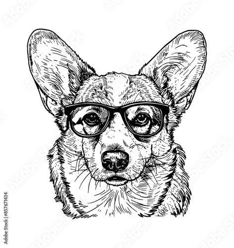 corgi, wears black frame eyeglass engraving black and white outline