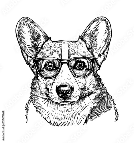 corgi, wears black frame eyeglass engraving black and white outline