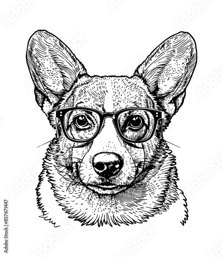 corgi, wears black frame eyeglass engraving black and white outline