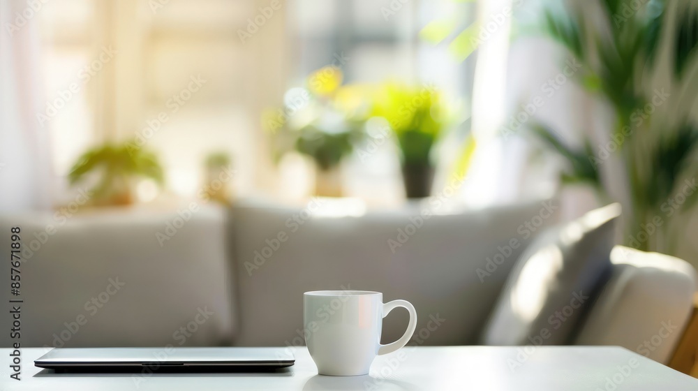 A laptop is open on a table with a coffee cup next to it. Generate AI image A laptop is open on a table with a coffee cup next to it. Generate AI image